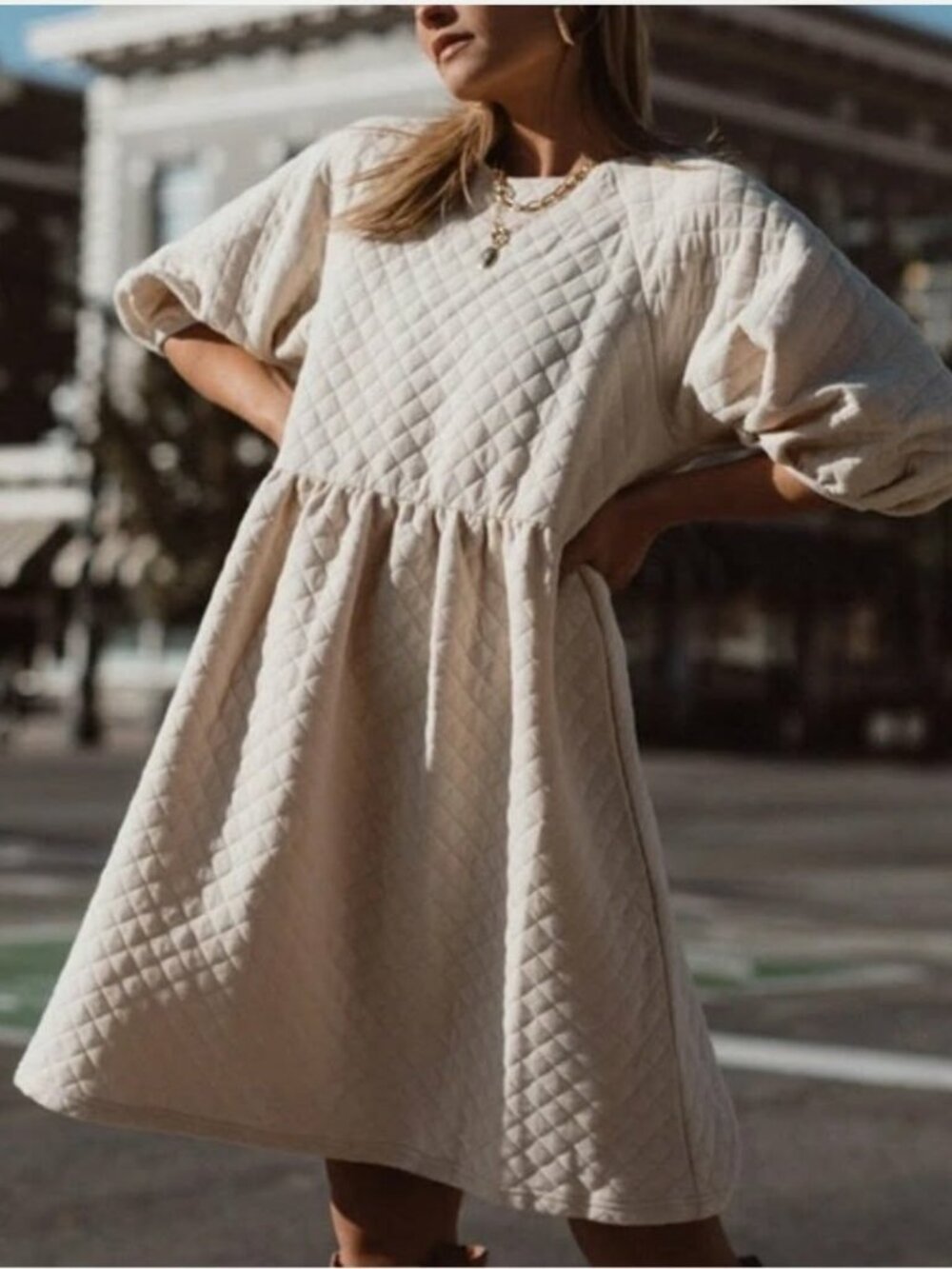 VERO MODA CREME QUILTED PUFF SLEEVE DRESS SMALL